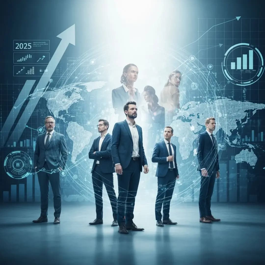 Una rappresentazione di un gruppo di imprenditori in atteggiamento fiducioso, in sovraimpressione  grafici di crescita e mappe geografiche rappresentanti i cinque continenti del mercato globale
