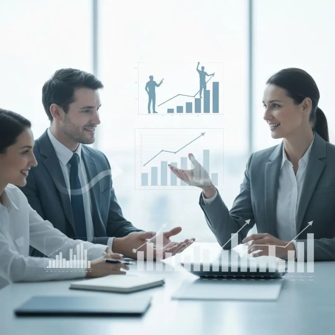 Una Leadership coach impegnata in una sessione di coaching rivolta a una giovane coppia di imprenditori