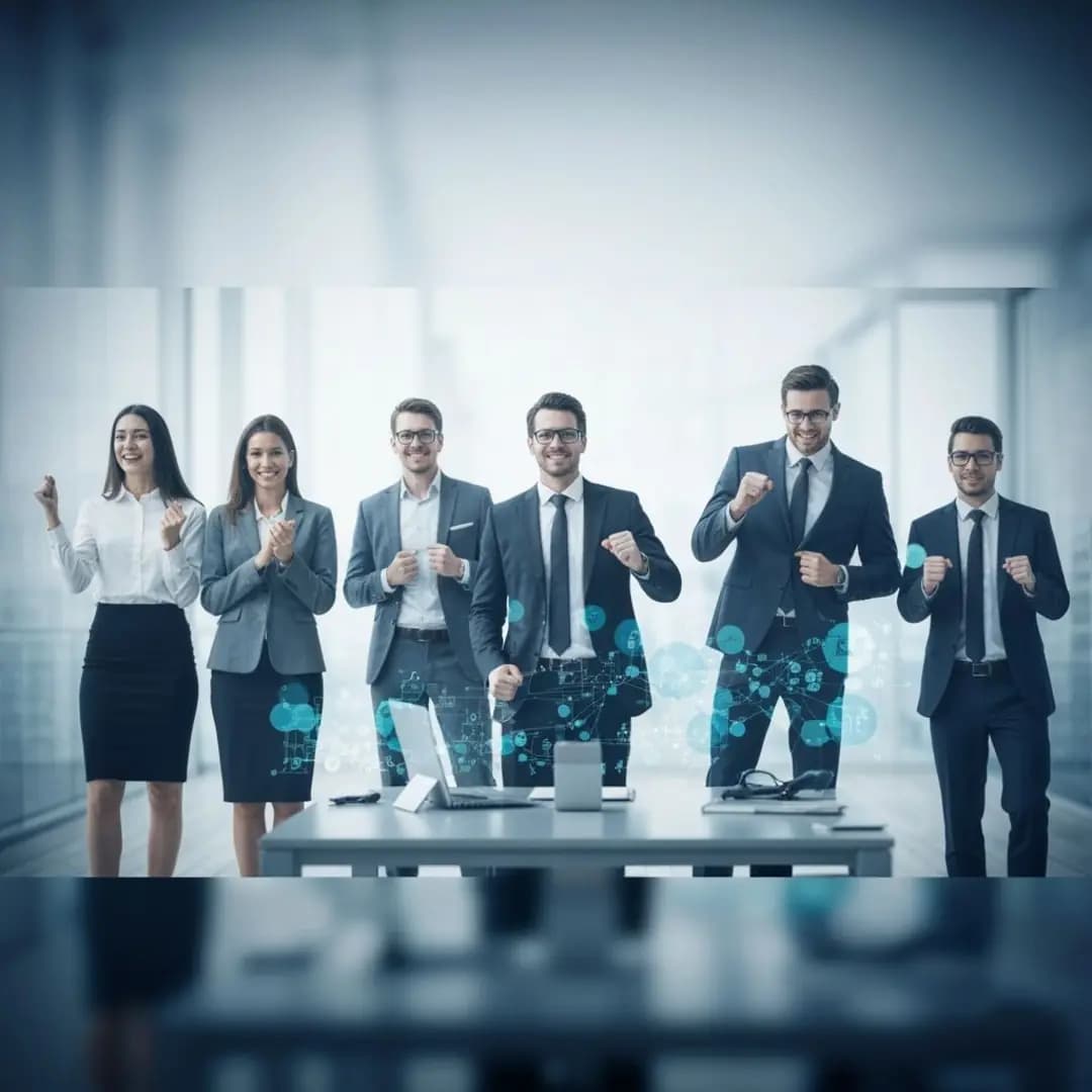 Un gruppo di imprenditrici e  imprenditori di successo che mostra il proprio entusiasmo per i risultati raggiunti denotando la propria autostima e il loro livello di leadership